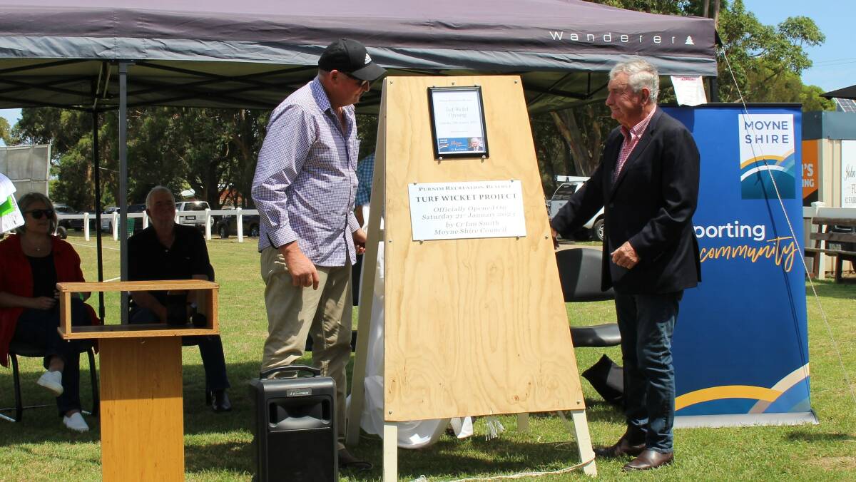Purnim Recreation Reserve president Mick McKinnon and Moyne Shire Cr Ian Smith attended the official unveiling duties on Saturday. Picture supplied
