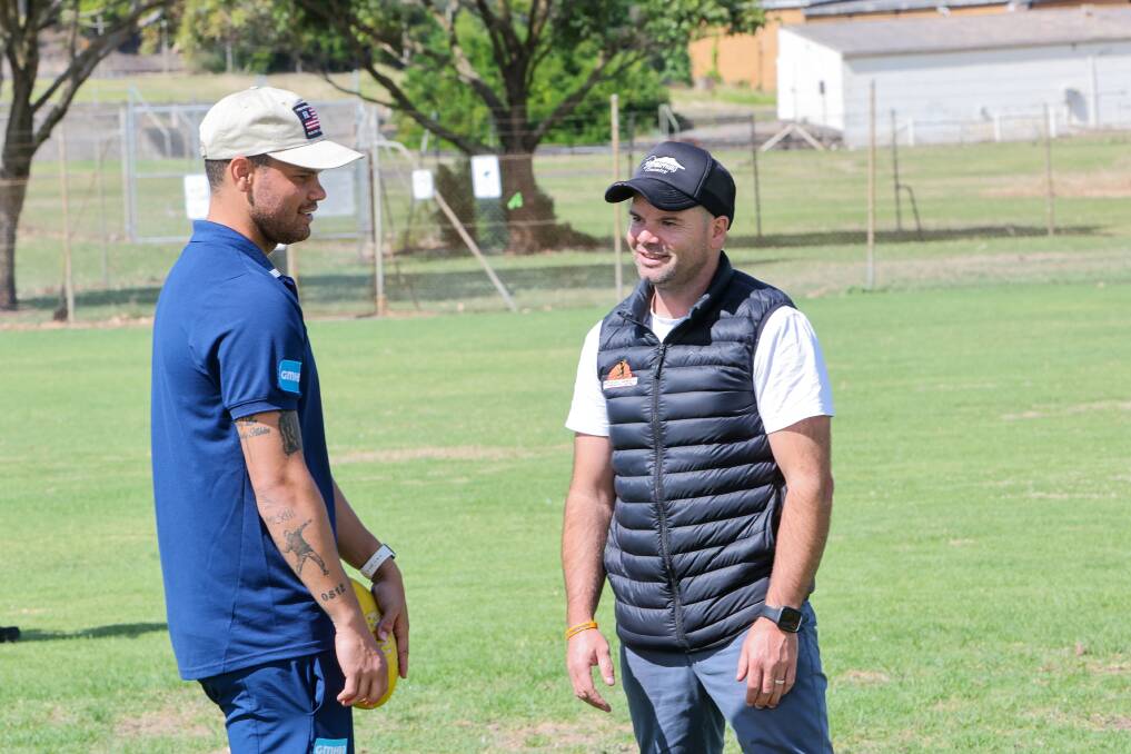 Brandan Parfitt and Danny Chatfield at the club's Indigenous clinic at Harris Street Reserve in Warrnambool. Picture by Anthony Brady
