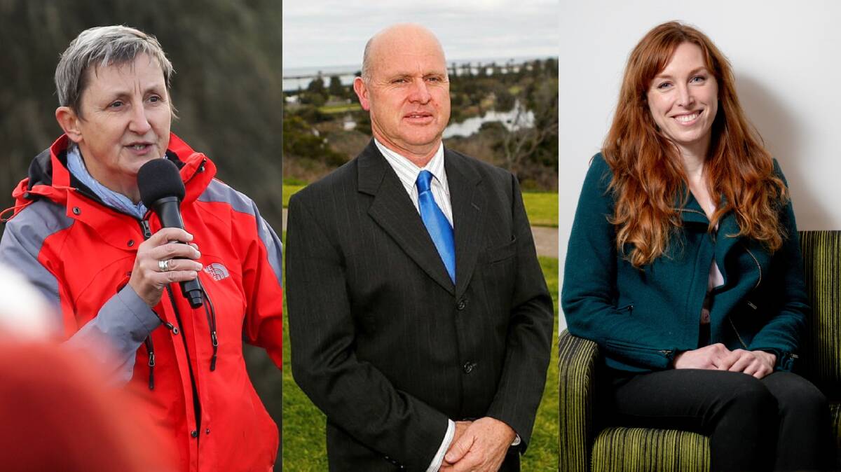 South West District independent candidates Carol Altmann, left, and Michael McCluskey, middle, and Western Victoria upper house candidate Sarah Mansfield have backed calls to have laws which cap election campaign spending.