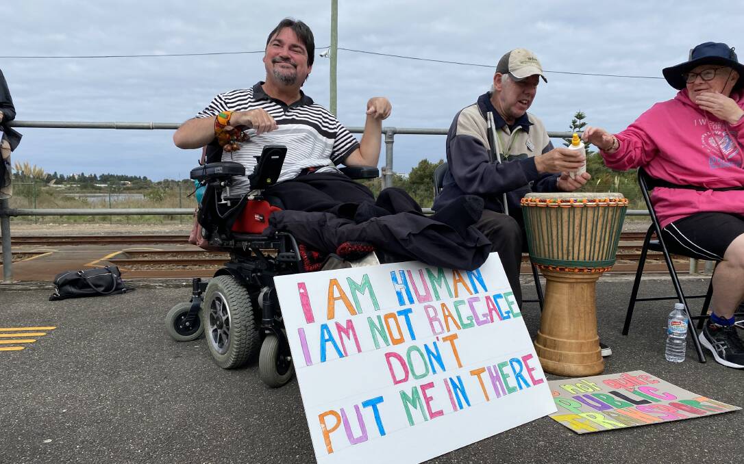 DISCRIMINATED: Dean Saunders was forced to use a train luggage carriage on a trip to Melbourne in 2006. He and his sister, Lisa Guthrie, protested against the accessibility barriers which they said still exist on trains. Picture: William Huynh
