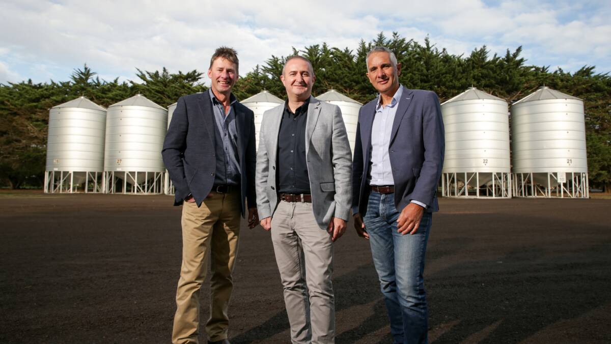 SOWING SUCCESS: Waltanna Farms director Michael Nagorcka with future business partners TUI Foods chief executive officer Tony Cartwright and TUI Foods director Pete Taitoko. Picture: Chris Doheny