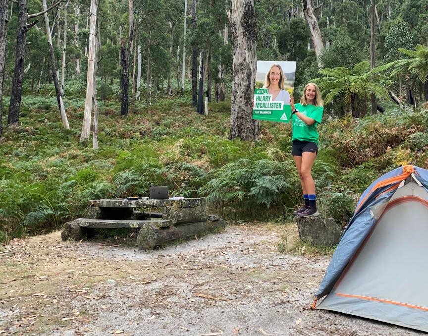 GREEN CAMPING: Wannon Greens candidate Hilary McAllister camps out in the electorate's wilderness in between town campaign visits. Picture: Supplied