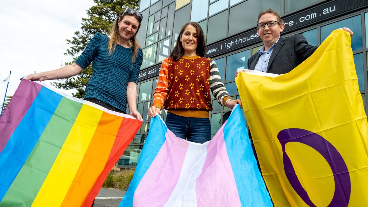 LGBTIQ+ advocate Sparklez Hernan, left, and Leadership Great South Coast pride forum organisers Kaye McDowall and Justin Harzmeyer are flying the flag for better allyship. Picture by Chris Doheny