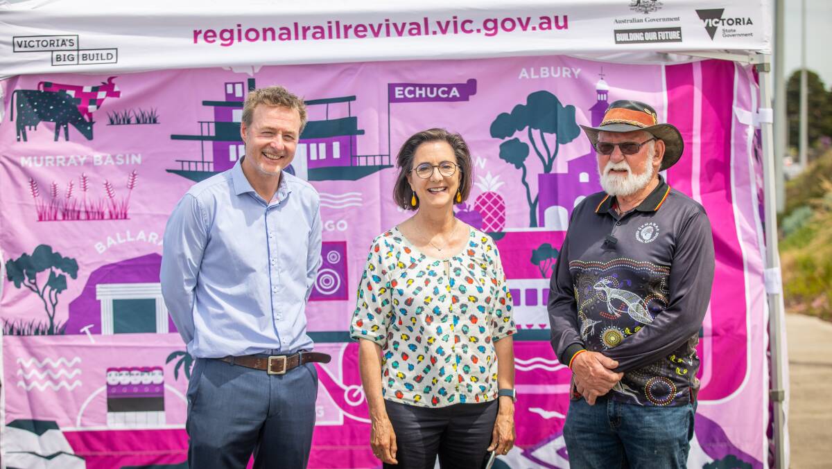 Regional Rail Revival delivery director Ben Henshall, left, Western Victoria MP-elect Jacinta Ermacora, middle, and Gunditjmara elder Robbie Lowe have welcomed the Warrnambool train line upgrade at a community event on Sunday, December 4. Picture supplied