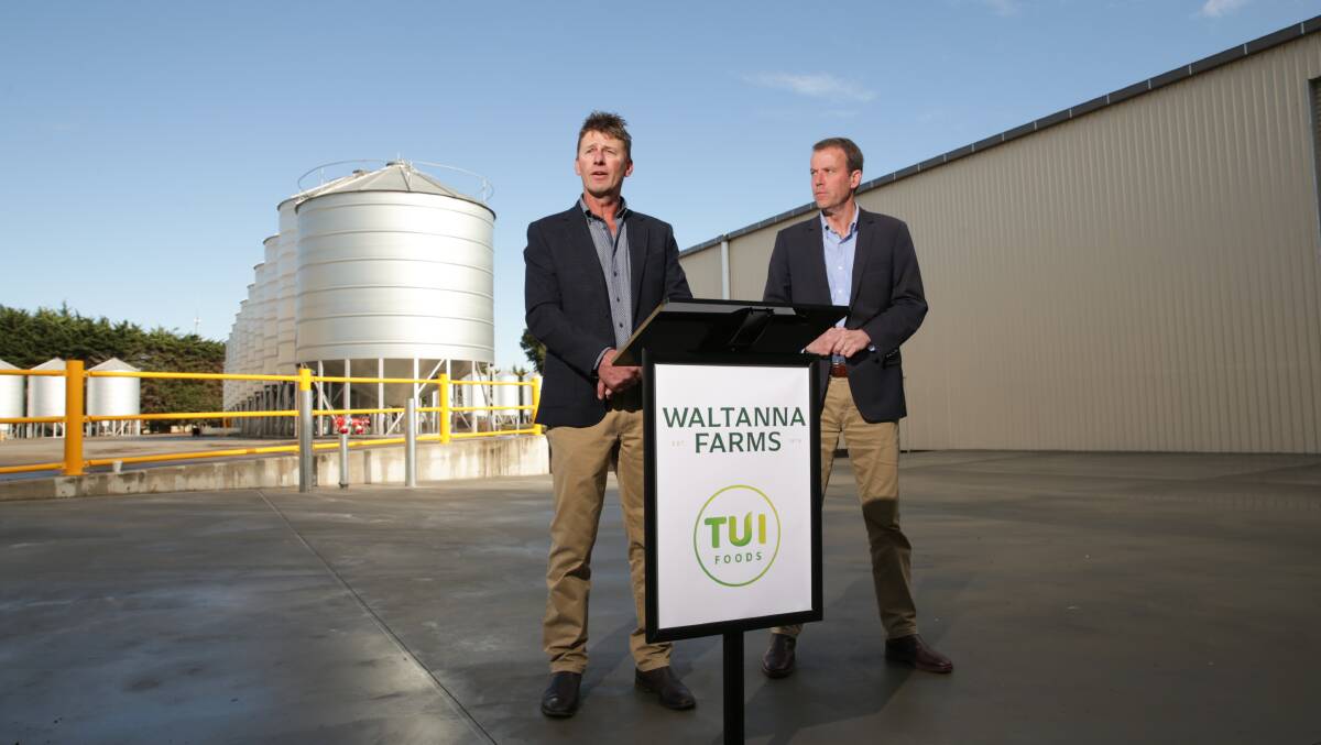 JOB CREATOR: Waltanna Farms director Michael Nagorcka (left) thanked Wannon MP Dan Tehan (right) for the government's funding to boost manufacturing jobs in the region. Picture: Chris Doheny