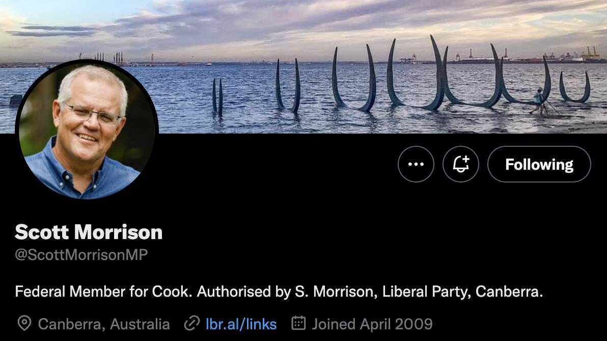 Former prime minister Scott Morrison's offical twitter account, which is no longer verified. Picture Twitter.