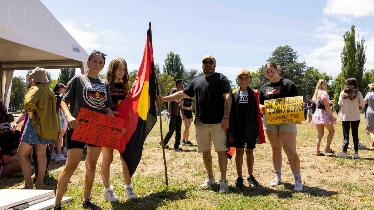 Tyahn Bell, Zahrah Bell, 16, Scott Bell, Tahlen Bell, 12, and Zoe Foley-Guerin marched from Garema Place to the Aboriginal Tent Embassy for Canberra's Sovereignty Day protest and march. Picture by Keegan Carroll