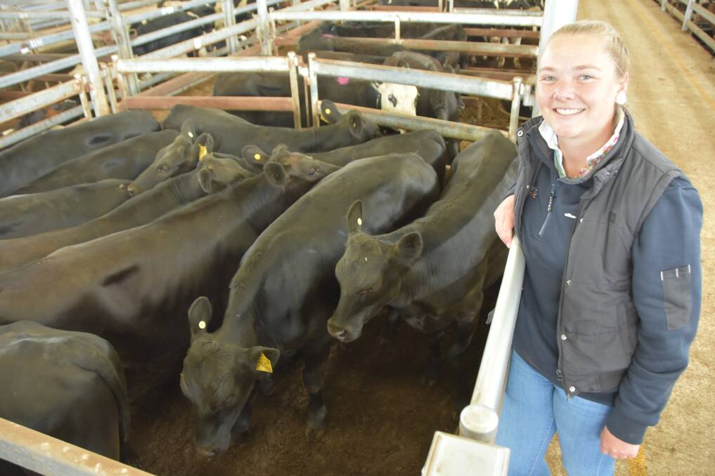 Mikayla Hein, Timboon, sold her first ever pen of cattle at the December Mortlake sale, which were 11 Angus grown steers, 372kg, for 418c/kg or $1556. Picture by Philippe Perez.