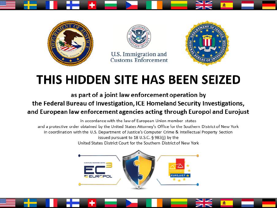 Alert placed on the Silk Road's homepage following its seizure by the U.S. government and European law enforcement. (Source: Federal Bureau of Investigation)