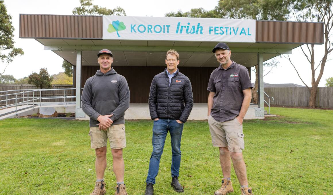 Koroit Irish Festival committee members Jarrod Gleeson, Peter McDonald and Neale Dobson were key players behind the new stage at the Koroit Village Green. Picture supplied.