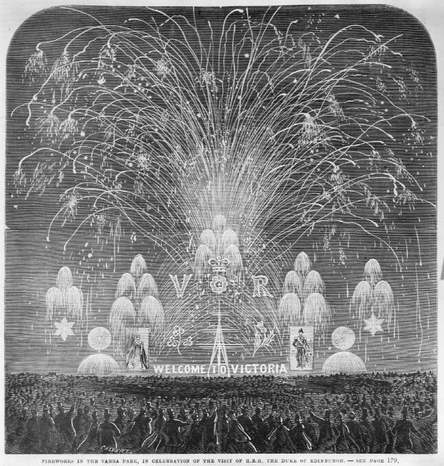 Fireworks in the Yarra Park in celebration of the visit of H.R.H. the Duke of Edinburgh
in 1867. Picture by the State Library of Victoria.