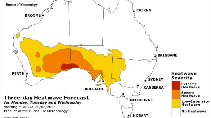 National forecast for heatwaves between Monday-Wednesday. Picture by Bureau of Meteorology