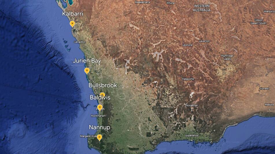 The top five animal collision hotspots in Western Australia; Baldivis, Nannup, Jurien Bay, Bullsbrook and Kalbarri. Picture by Google Earth
