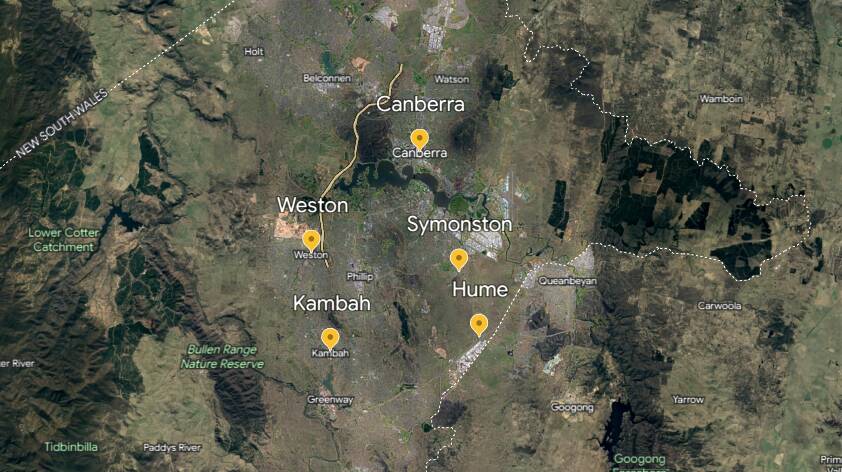 The top five animal collision hotspots in the ACT; Canberra, Kambah, Hume, Weston and Symonston. Picture by Google Earth