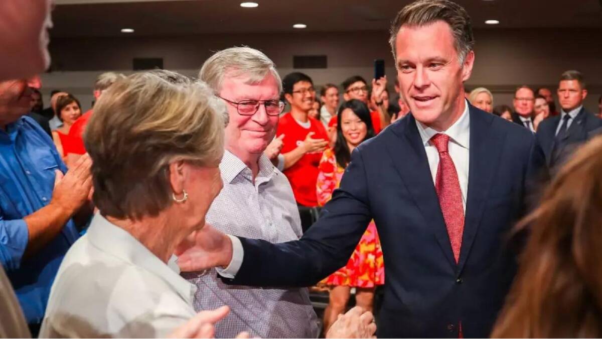 Chris Minns with his parents John and Cara at the Labor Party campaign launch for the 2023 election, held in Hurstville. Picture Facebook