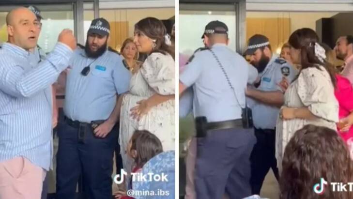 Still images of Mina Ibrahim with fake police officers at his Sydney baby gender reveal party. Picture via Mina Ibrahim's Tiktok