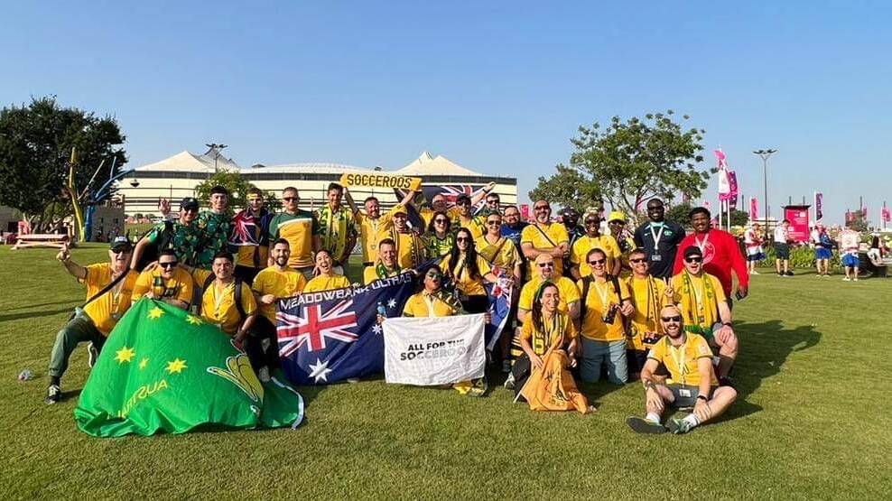 DOHA: Australian fans take a group photo to celebrate the 2022 FIFA World Cup. Picture by Oscar Sanchez
