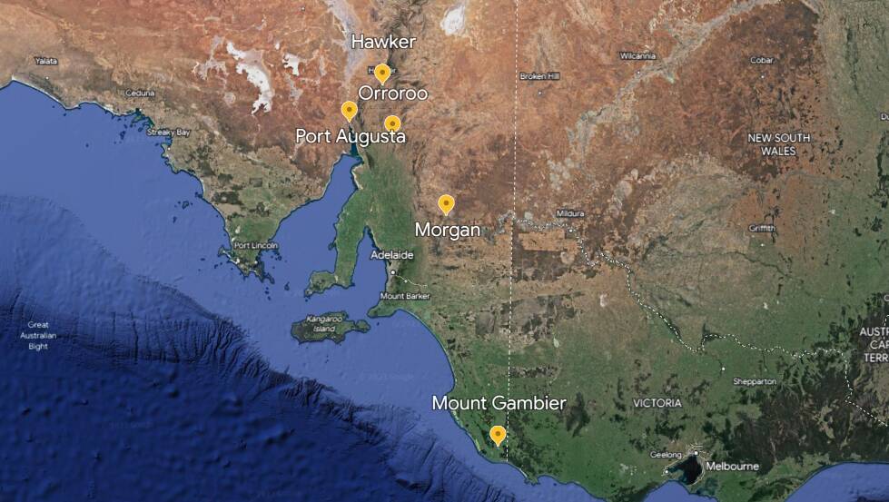 The top five animal collision hotspots in South Australia; Port Augusta, Mount Gambier, Hawker, Morgan and Orroroo. Picture by Google Earth