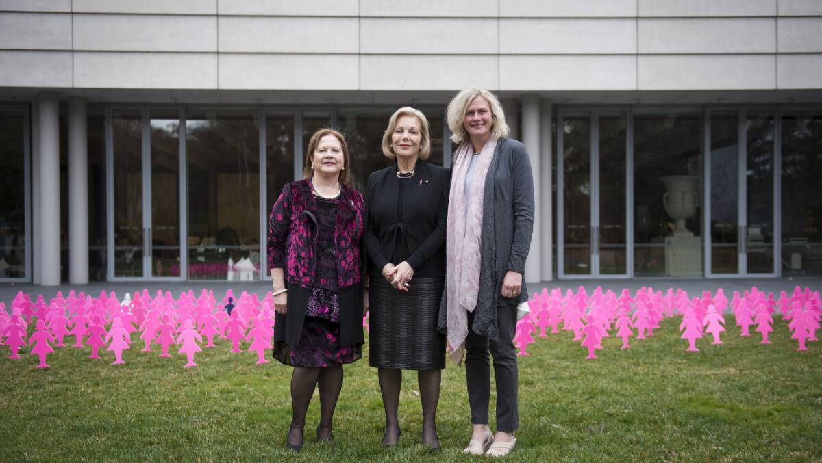 Ita Buttrose speaks at a Pink Lady Lunch lunch for the Breast Cancer Network Australia in 2016. With CEO Christine Nolan (left) and breast cancer survivor Megan James (right). Picture by Elesa Kurtz
