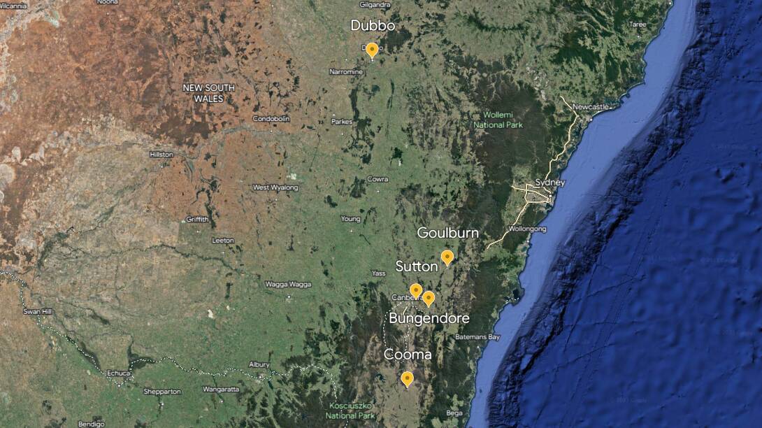 The top five animal collision hotspots in NSW; Dubbo, Goulburn, Sutton, Cooma and Bungendore. Picture by Google Earth
