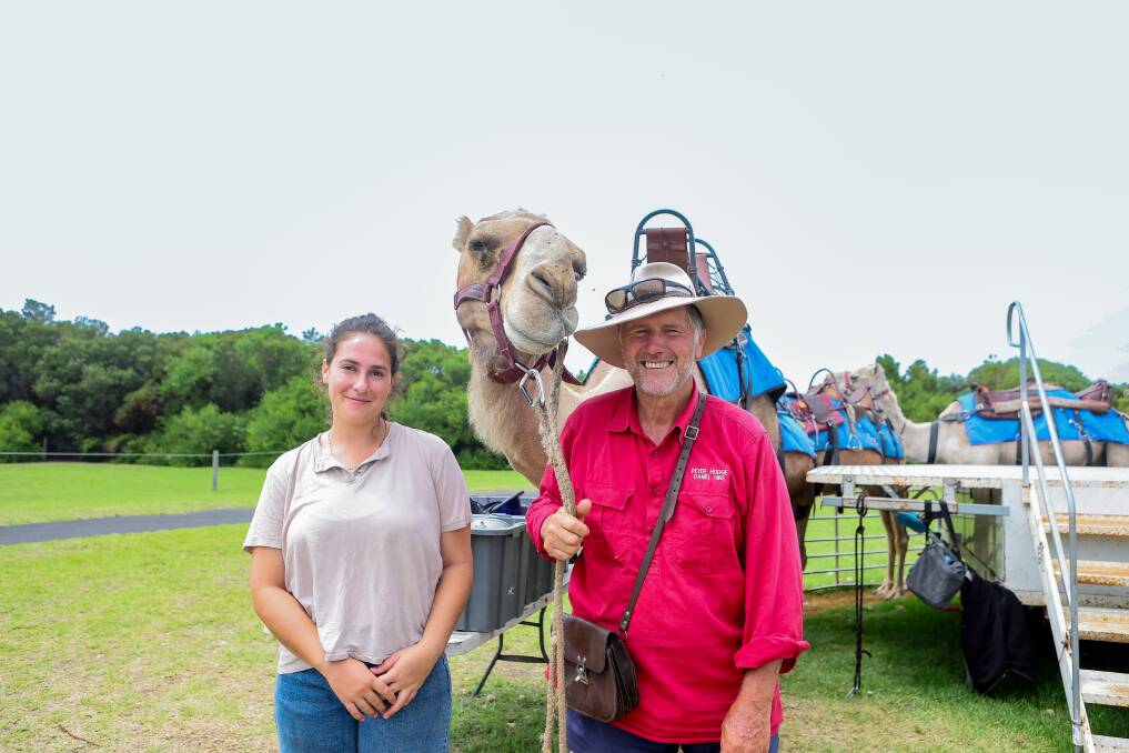 Peter Hodge with handler Mika Hedaya and Roman the camel. Picture by Anthony Brady