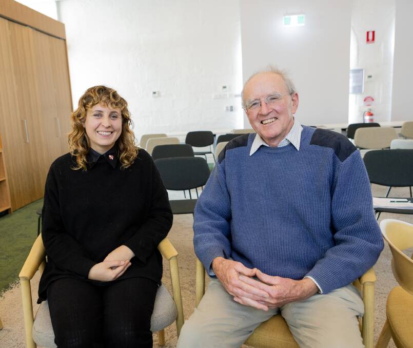ICAN's Jemila Rushton with Warrnambool U3A president Bill Gardner at the city's library. Pictures by Anthony Brady