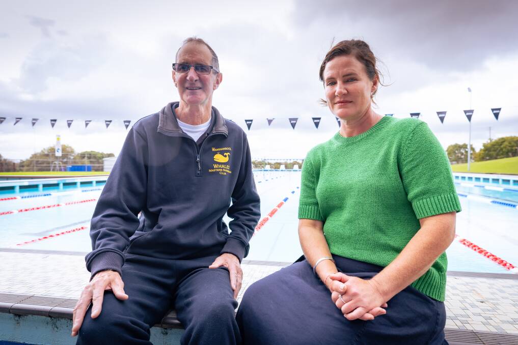Warrnambool Masters Swimming Club coach Colin MacDonald and petition organiser Brooke Fleming at the city's outdoor pool. Picture by Sean McKenna