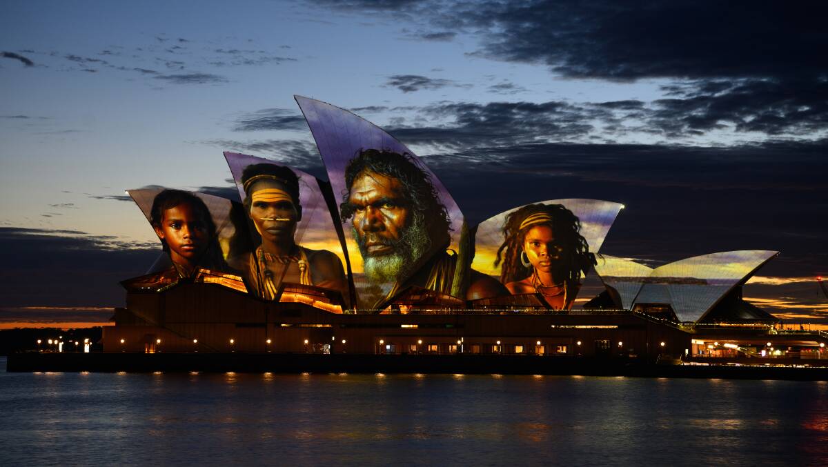 Aboriginal digital artist Brett Leary's work features Nanbarry, Barangaroo, Pemulwuy and Patyegarang illuminates the Sydney Opera House on January 26, 2024. Picture by AAP Image/Dan Himbrechts