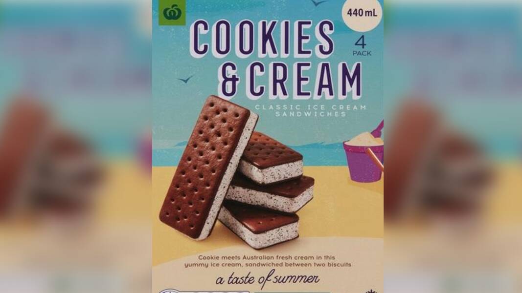Woolworths has issued a recall of its Cookies & Cream Classic Ice Cream Sandwiches. Picture by Food Standards Australia & New Zealand