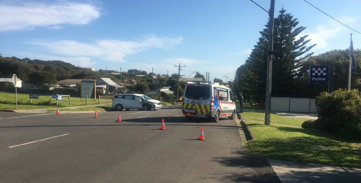 Handy for help: A head-on vehicle collision occurred outside the front of the Port Campbell police station this afternoon. 