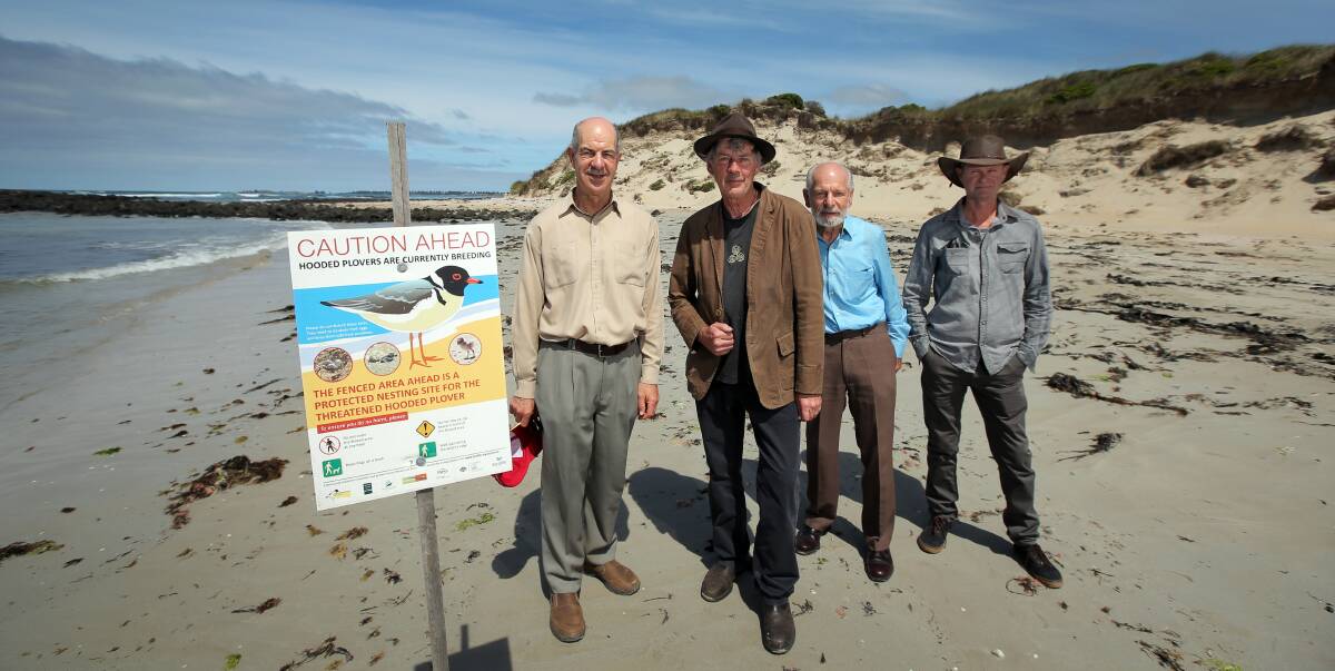 Protesting: Kelvin Thomson, Shane Howard, Allan Thomson and Bill Yates near the Mills Reef section East Beach where racehorses will be trained. Picture: Rob Gunstone. 