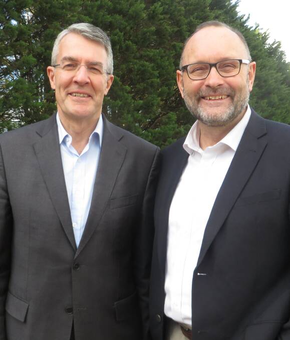 Wannon Labor candidate Michael Barling (right) with former federal Labor attorney-general Mark Dreyfus. Mr Barling is promoting Labor's family and carer support policies. 
