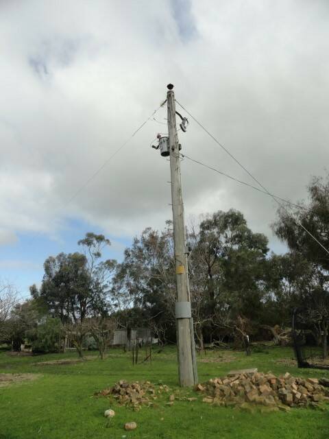 The fractured power pole near the Rowbottom's home is supported by a stay wire.
