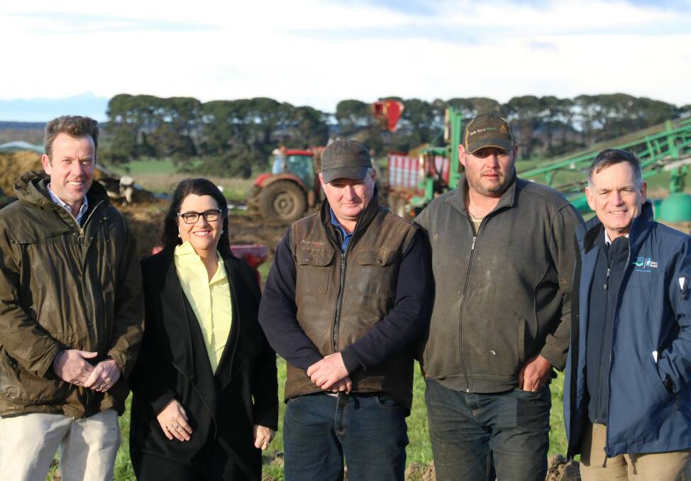 Focus on farm practices: Federal MP Dan Tehan, State MP Roma Britnell and Lindsay Ferguson, representing Dairy Australia, with Andrew Graham and Matt Seabrook from Alanvale Dairy near Hawkesdale where the Sustainable Dairy Products program was launched. 