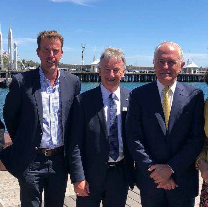 Step foward: Warrnambool mayor Robert Anderson, centre, with Prime Minister Malcolm Turnbull and Member for Wannon Dan Tehan at the announcement of the Memorandum of Understanding in Geelong.