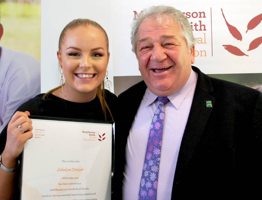 Youth scholar: Jakalyn Cooper with Moyne Shire Cr Jim Doukas.