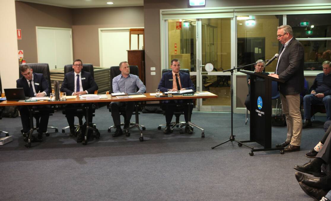 Against: Solar farm opponent Laurie Hickey addresses Corangamite Shire Council's Tuesday night council meeting that rejected the proposal.