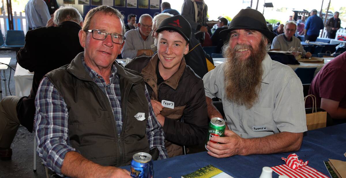 Night off: Cliff Perrett, Paddy and Andrew Beale, all from Cororooke near Colac were among the dairy farmers at the Blokes BBQ.