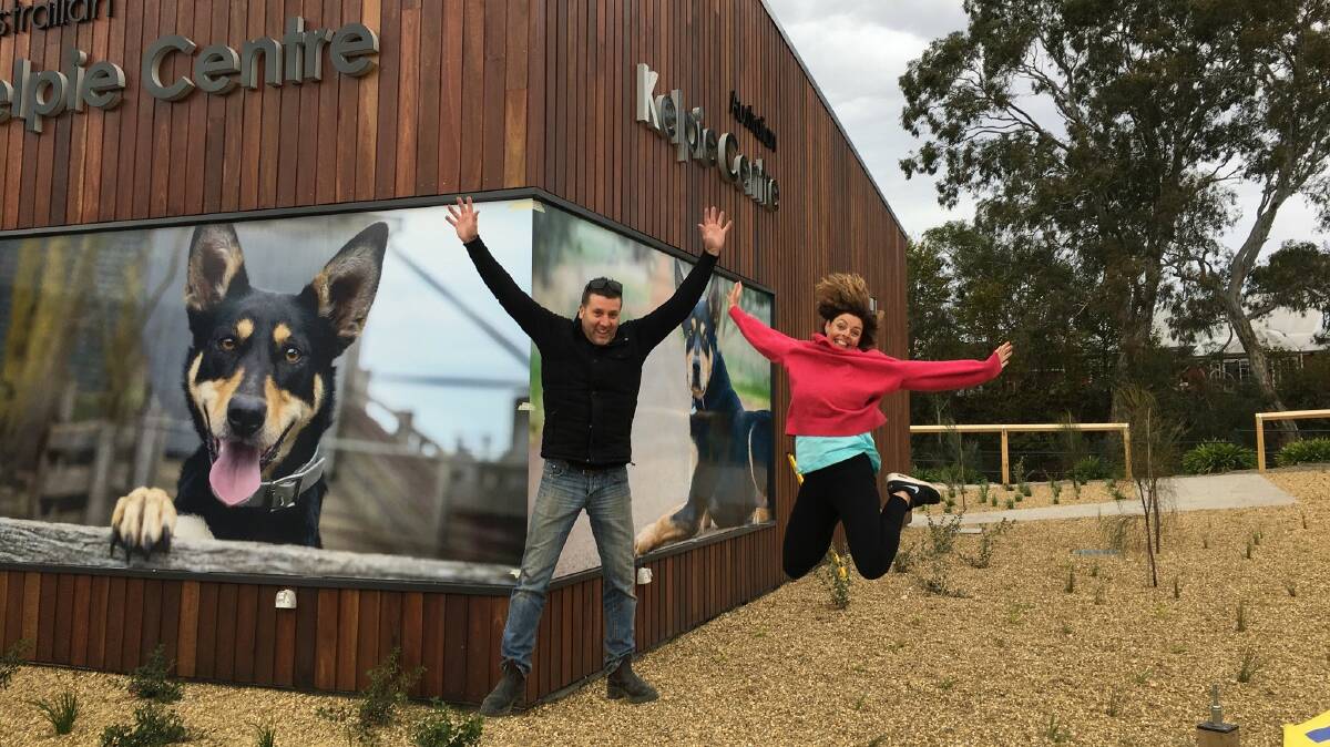 Rounded up: Graphic designer Andrew Bryant and photographer Karla Northcott, both of whom have worked on the new Australian Kelpie Centre at Casterton, show their excitement about its opening on Saturday. 