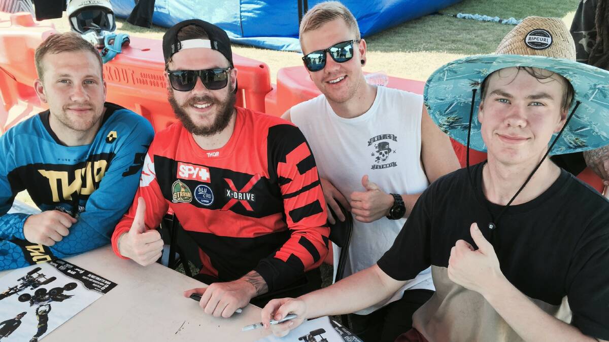 The All4FMX freestyle motocross team comprises brothers Jake, left, Mitch, Harry and Cooper Van Vliet of Melbourne. Their aerial acrobatics on quad bikes and other vehicles were a big hit at the Koroit Truck Show. 