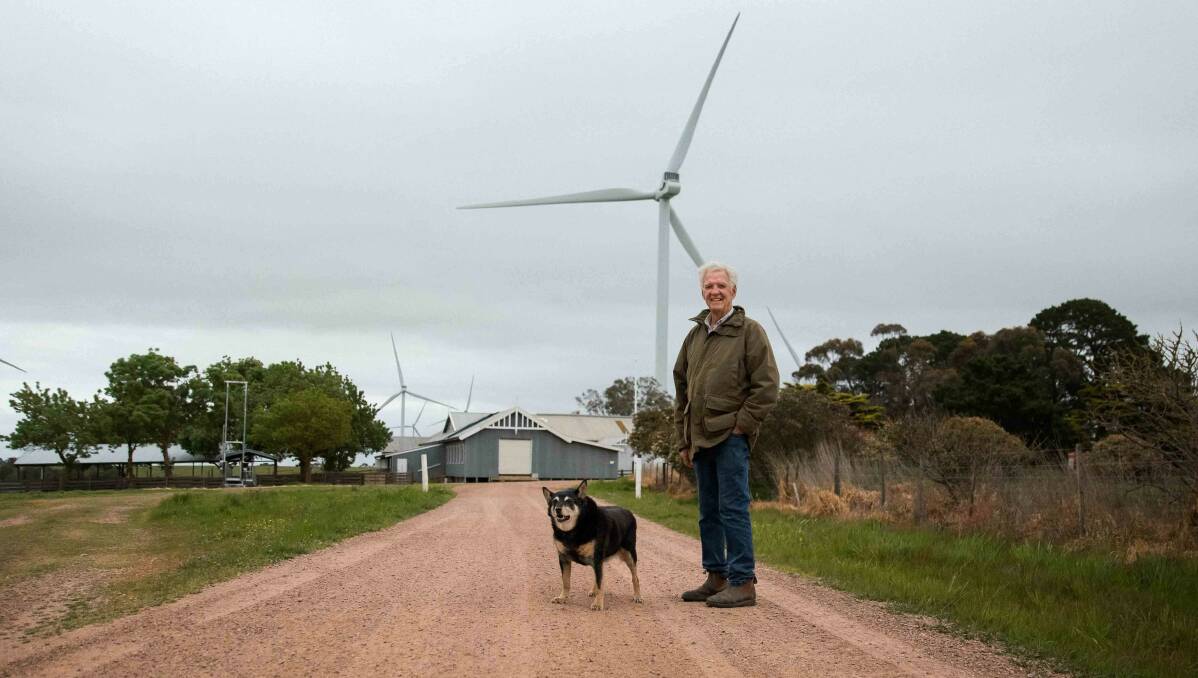 Giving back: Peter Coy with his sheepdog Claire at his Salt Creek farm at Woorndoo that hosts 15 wind turbines. Picture: Emily Wilson Photography
