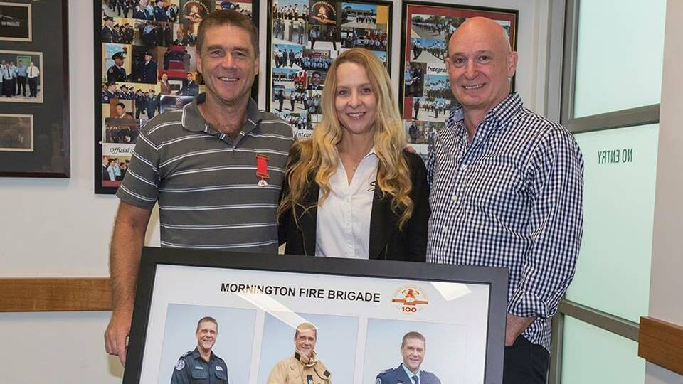 Troy Thornton with wife Christine and former Emergency Management Commissioner Craig Lapsley. Picture: Facebook, Mornington Fire Brigade