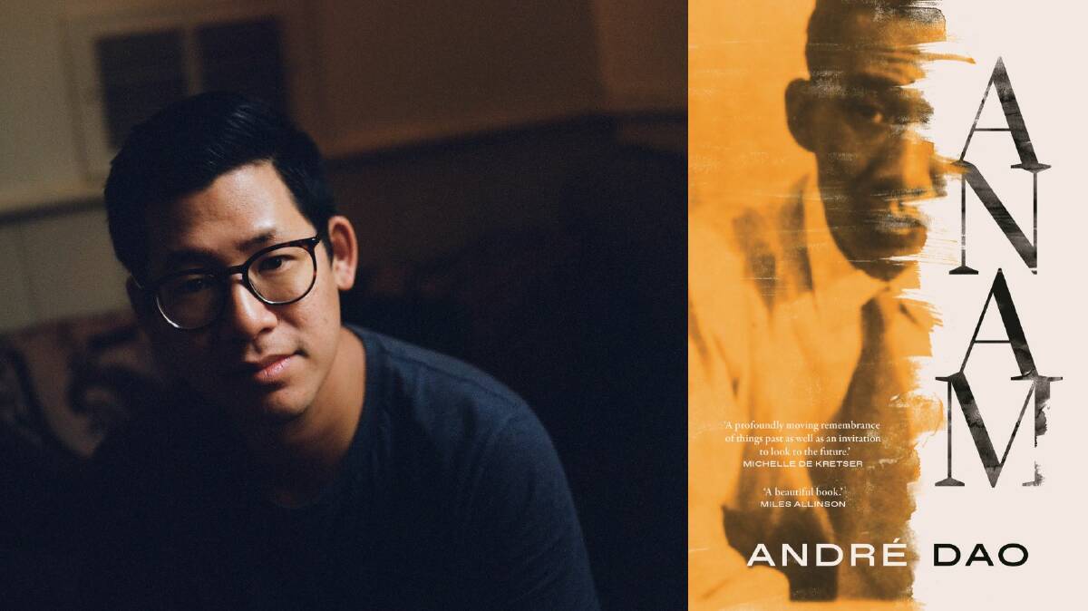Andre Dao, left, with the cover of Anam. PIctures Leah Jing McIntosh, supplied