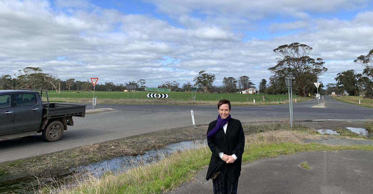UPGRADE: State government Roads Minister Jaala Pulford at the intersection of the Cobden-Warrnambool/Ayresford Road, where new speed signals will be installed. 