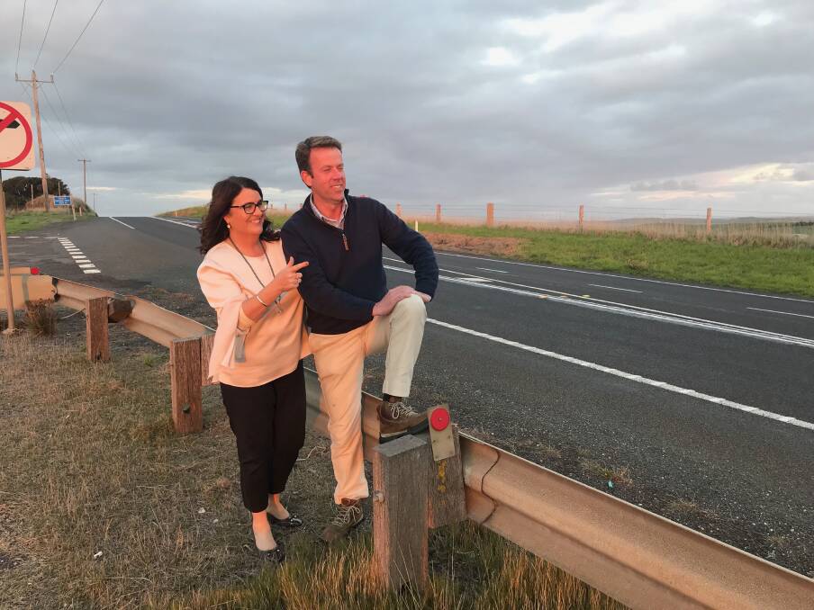South West Coast MP Roma Britnell and Wannon MP Dan Tehan on the Princes Hgihway near Tower Hill. 