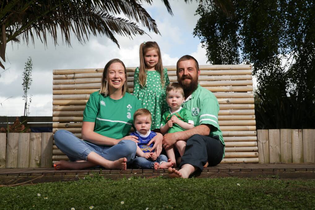 IRISH EYES ARE SMILING: Koroit Irish Festival ambassador Leeanne Parkinson with husband Adrian and children Keely, Jack and Paddy at their Kirkstall home. Picture: Chris Doheny 