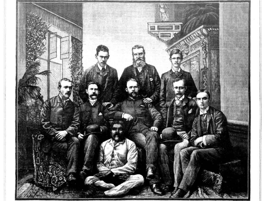 SAILORS: Pompey Austin (seated) at the front of the group, led by William O'Donnell and Ninian Jamieson, that sailed from Melbourne to Wyndham in 1886. Source: The Maitland Mercury & Hunter Valley General Advertiser, March 2, 1886. 