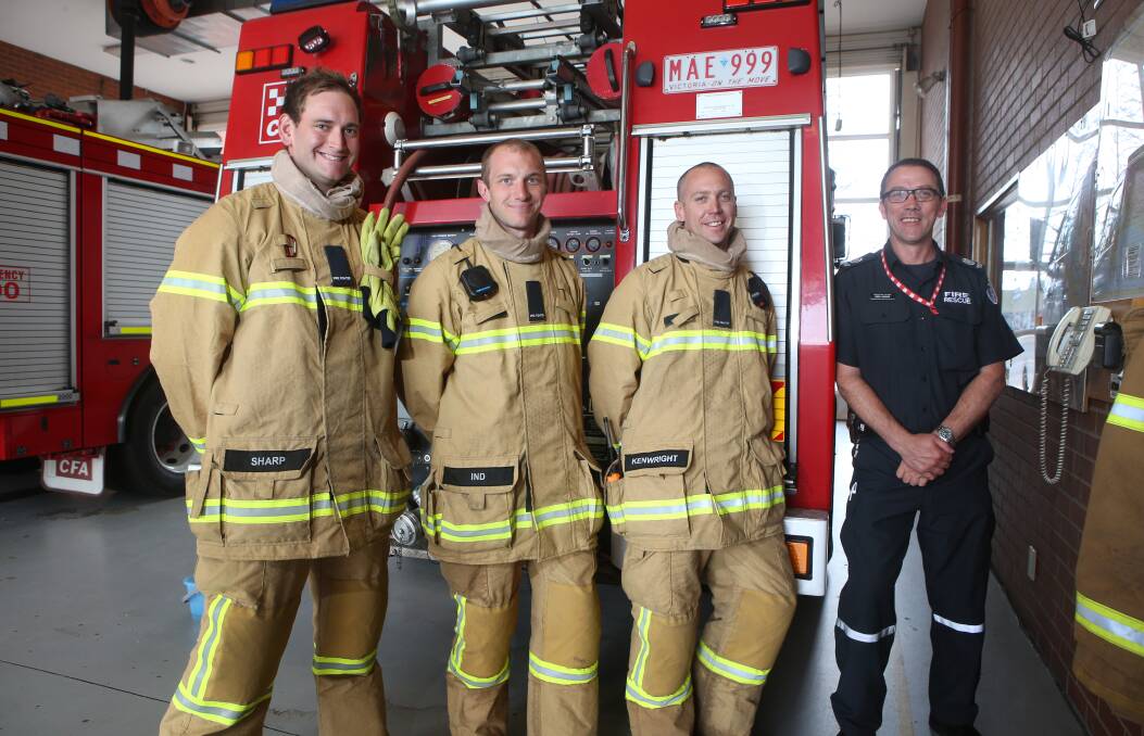 LEARNING THE ROPES: New Country Fire Authority recruits Patrick Sharp, Josh Ind and Mick Kenwright with officer in charge Greg Kinross at the Warrnambool fire station. Picture: Amy Paton