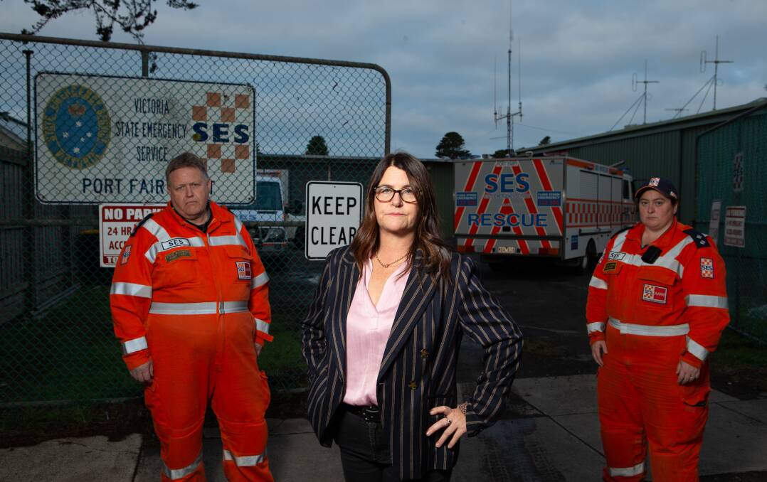 UNACCEPTABLE: Port Fairy SES branch members Stephen McDowall and Hannah Morris, along with South West Coast MP Roma Brintell say the facilities are substandard. Picture: Chris Doheny