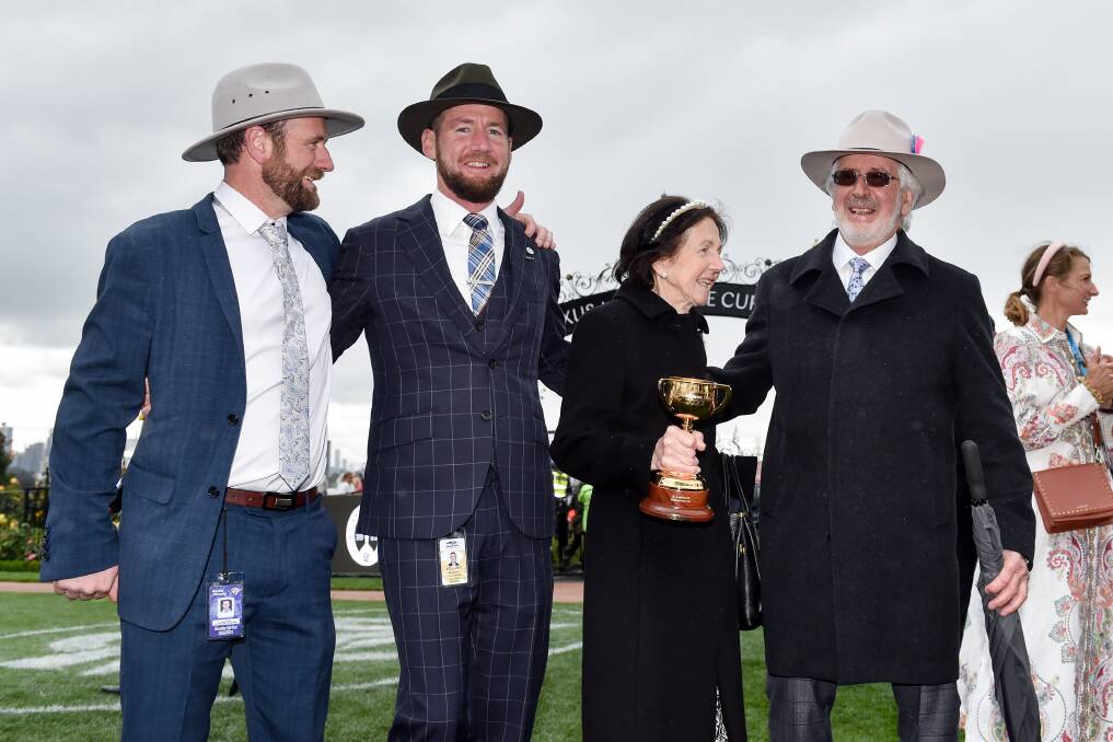 Ciaron Maher (second from left) celebrated with his brother Declan and parents Eileen and John after winning the Melbourne Cup. Picture by Getty Images